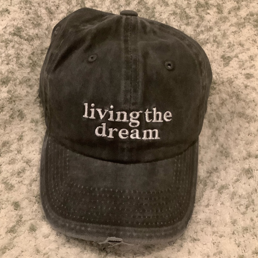 Black Stonewashed Distressed  'Living the Dream' Baseball Cap NWT Cotton - Picture 16 of 16